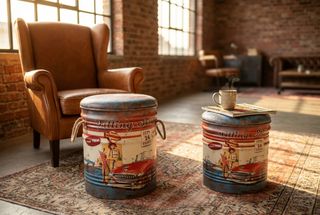 Set 2 Pouf Contenitore Poggiapiedi Azzurro Anni 60