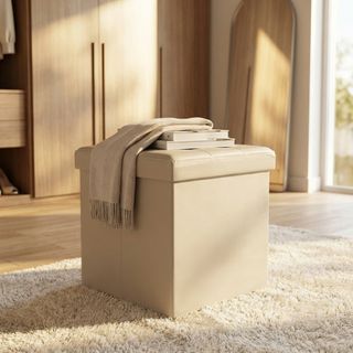 Pouf Quadrato Contenitore in Ecopelle Beige 38cm