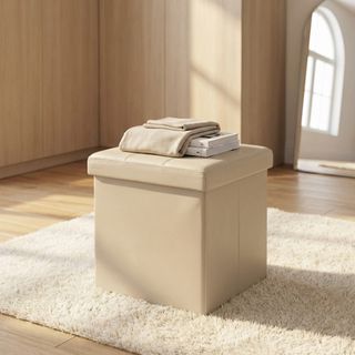 Pouf Quadrato Contenitore in Ecopelle Beige 38cm