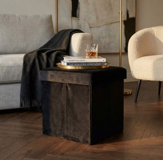 Pouf Quadrato in Velluto Nero Poggiapiedi 38 cm