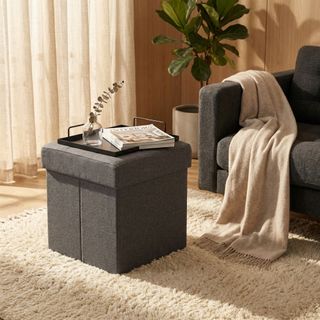 Pouf Contenitore Quadrato Tessuto GrigioScuro 40cm