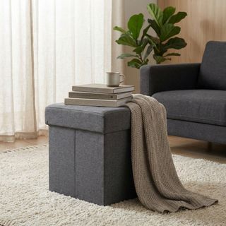 Pouf Contenitore Quadrato Tessuto GrigioScuro 40cm