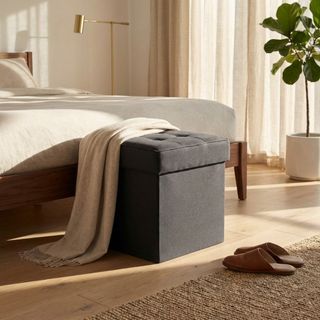Pouf Contenitore Quadrato in Tessuto Nero 40 cm