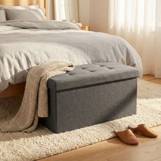 Pouf Contenitore Rettangolare Tessuto Grigio Scuro