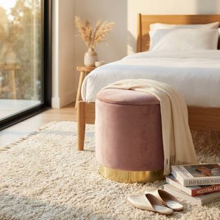 Pouf Contenitore Rotondo Velluto Rosa Poggiapiedi