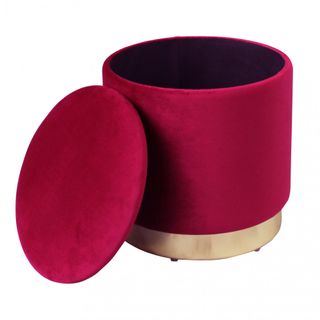 Pouf Contenitore Rotondo Velluto Rosso Poggiapiedi