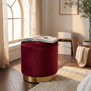 Pouf Contenitore Rotondo Velluto Rosso Poggiapiedi