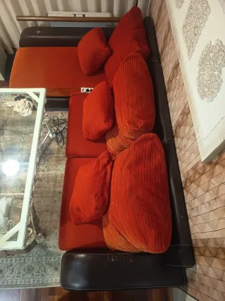 SOFÁ MODULAR 3 PLAZAS TELA Y PIEL MARRÓN Y NARANJA