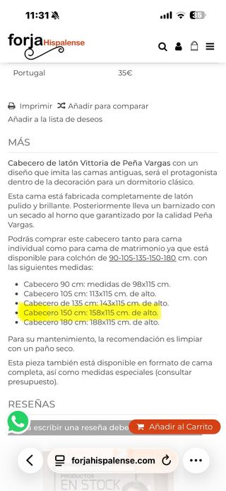 Cabecero cama 150 latón Peña Vargas Vittoria