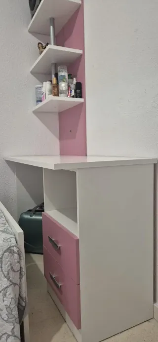 Litera con escritorio,mesilla y estantería.