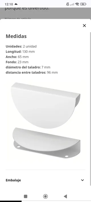 Pack de 6 tiradores Ikea Begripa Blanco.