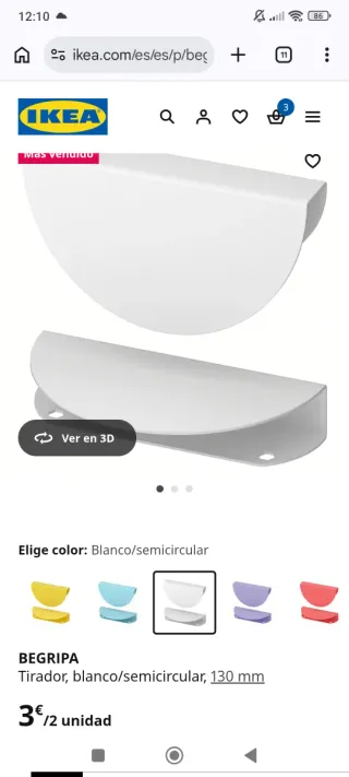 Pack de 6 tiradores Ikea Begripa Blanco.