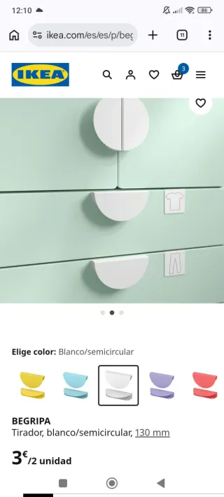 Pack de 6 tiradores Ikea Begripa Blanco.