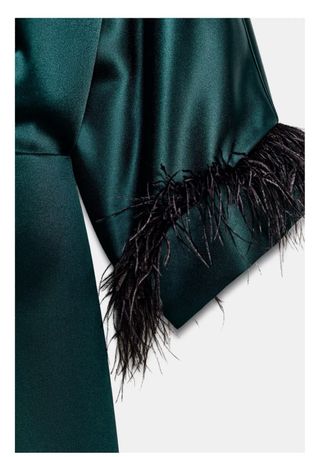 Vestido corto satén con plumas verde oscuro