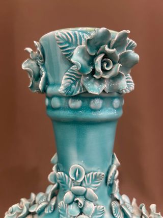 Jarrón Cerámica Manises Turquesa Flores