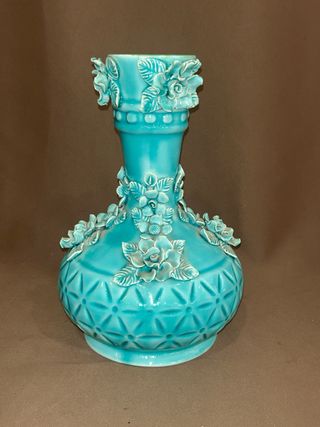 Jarrón Cerámica Manises Turquesa Flores