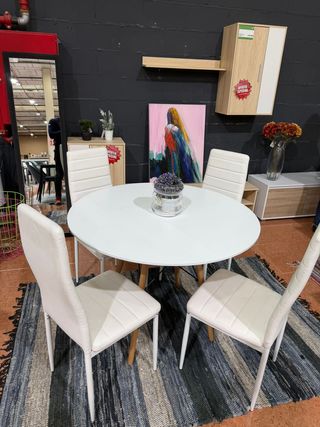 Juego Comedor Mesa Redonda + 4 Sillas Blancas