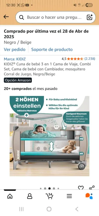 Cuna de bebé 3 en 1 KIDIZ con cambiador