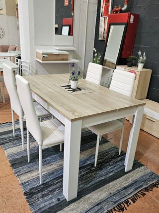 Mesa comedor 140cm + 4 sillas blancas