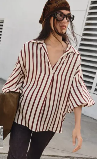 Camisa Zara Rayas Beige y granate