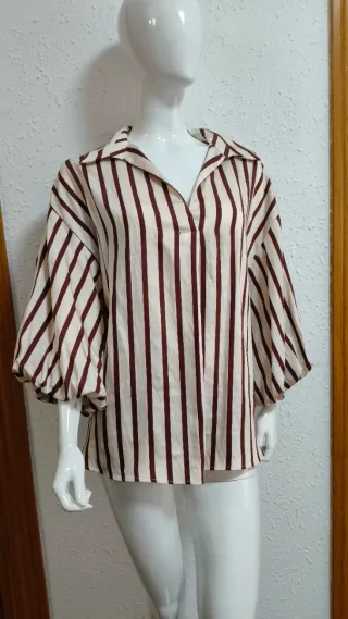 Camisa Zara Rayas Beige y granate