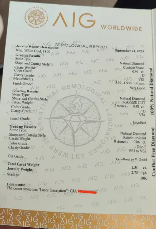 Anillo de diamantes naturales 1.34cl ,D cert. GIA