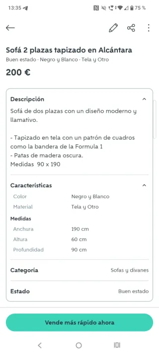 Sofá 2 plazas tapizado en Alcántara.