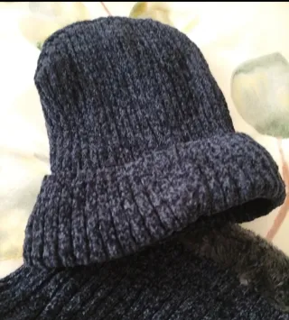 Conjunto Gorro y Cuello Velour Azul/Gris