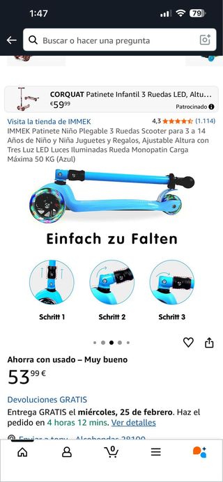 Patinete Infantil 3 Ruedas LED Azul