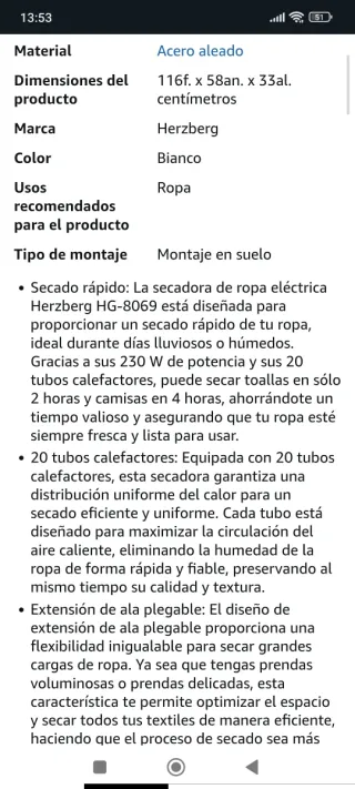 Secadora Ropa Eléctrica Rápido Herzberg