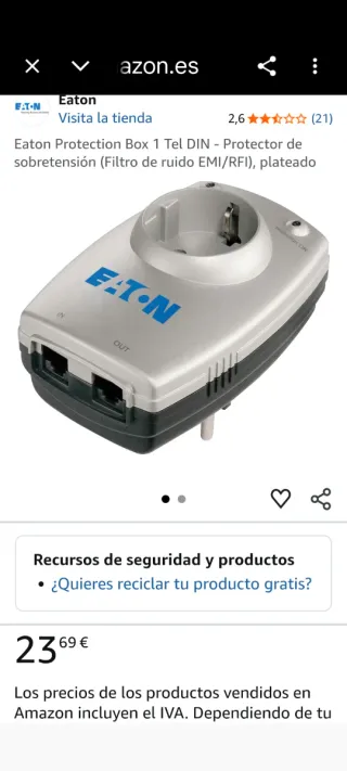 Enchufe Protector Eaton Protección Sobretensiones