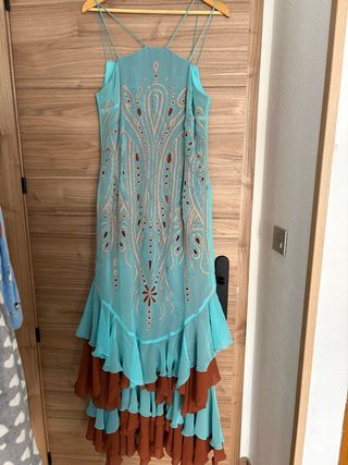 Vestido largo fiesta azul y marrón