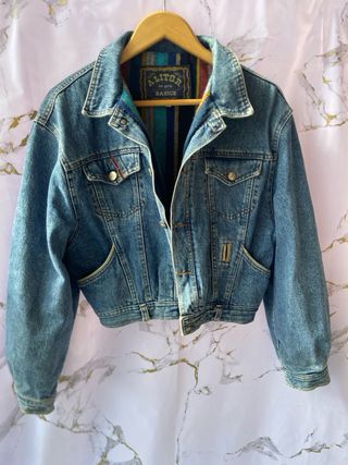 Bomber vintage mujer azul y negro