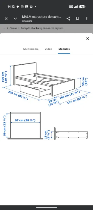 Cama Ikea Malm con Cajones 90cm