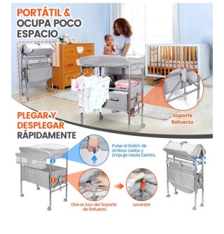 Cambiador de bebé gris con accesorios