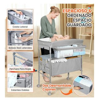 Cambiador de bebé gris con accesorios