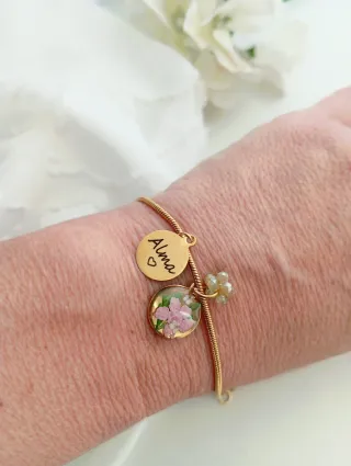 Pulsera Memorial Flores Acero Baño Oro