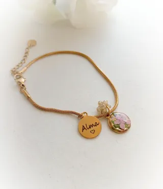 Pulsera Memorial Flores Acero Baño Oro