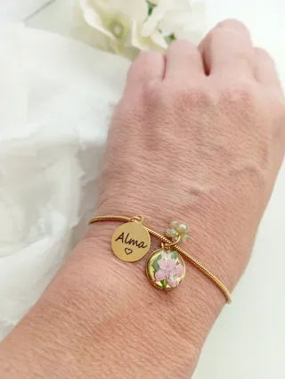 Pulsera Memorial Flores Acero Baño Oro