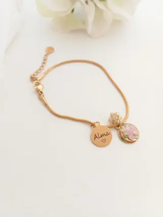Pulsera Memorial Flores Acero Baño Oro