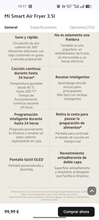 Freidora Xiaomi Mi Smart 3,5L