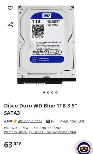 HDD 1TB WD Blue 3.5 7200 rpm 64MB SATA Disco Duro