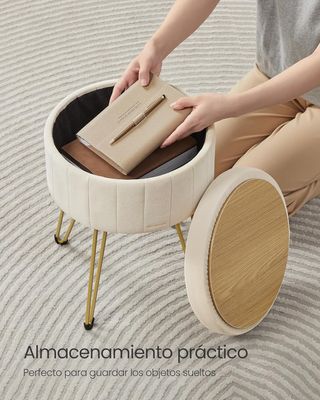 SONGMICS Pouf Rotondo con Stoccaggio 39x44 cm Bianco Crema