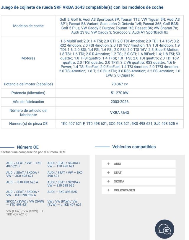 SKF VKBA 3643 Juego Cojinete Rueda