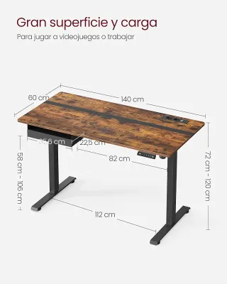 VASAGLE Escritorio Regulable 60x140 cm con Enchufe y Cajón