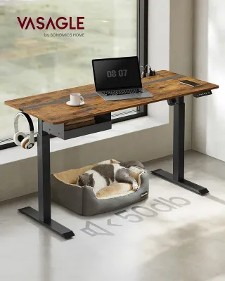 VASAGLE Escritorio Regulable 60x140 cm con Enchufe y Cajón