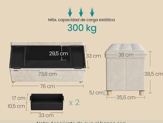SONGMICS Puff Almacenaje Pequeño, Banco Plegable, 38 x 76 x 38,5 cm