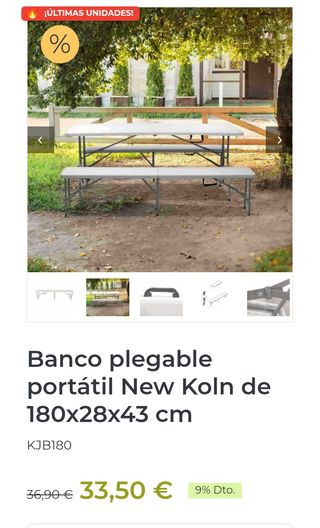 Banco plegable New Koln 180x28x43 cm resina