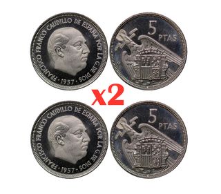 X2 monedas 5 pesetas 1957 *75 prueba proof SC S/C