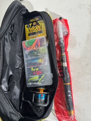 Kit pesca caña carrete señuelos